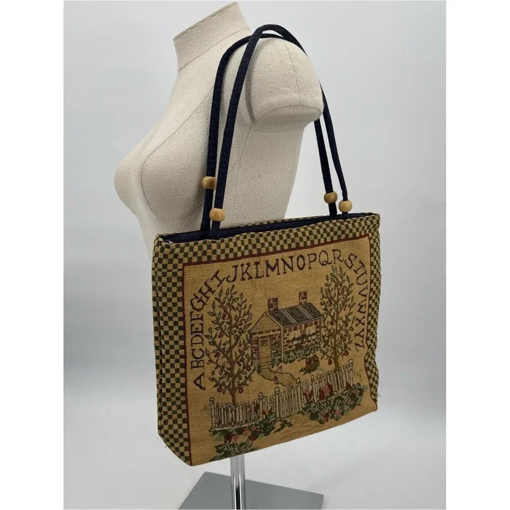 Vintage Tapestry Tote Bag House Alphabet Cottagecore Shoulder Bag Folk Art
